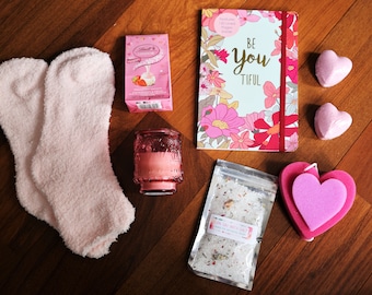 Thinking Of You You Package for Her | Spa Gift Basket for Girlfriend w/Bath Bombs, Bath Salt, Cozy Socks, Candle, Sponge & More