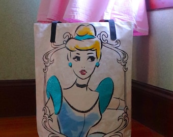 Oversized Disney Princess Tote: Upcycled Canvas Poster, Glitter Accents, Cinderella + Ariel (The little Mermaid), Lined