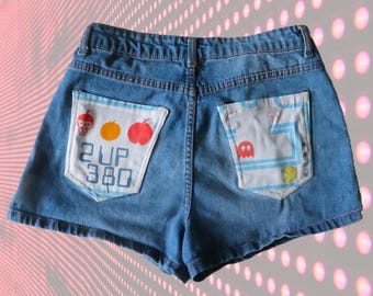 Upcycled Blue Denim Pacman Shorts, Vintage Pacman Pockets