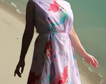 Under the Sea Little Mermaid Summer Dress, Women's Medium, Adjustable Ties, Upcycled Sheet Ariel Dress