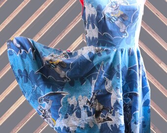Batman Spin Dress One of a Kind Vintage Upcycled Sheet Garment Women's Medium-Large