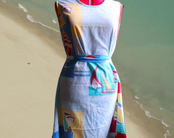 Colorblock Nautical Summer Dress, Women's Medium, Adjustable Ties, Upcycled Vintage Sheet Sailboat Dress
