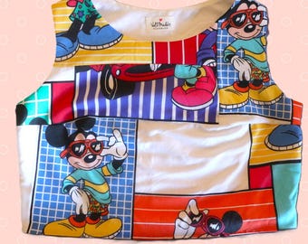 Upcycled Mickey Mouse Crop Top: 80s Vintage Sheet, Boxy Fit (Women's Medium)