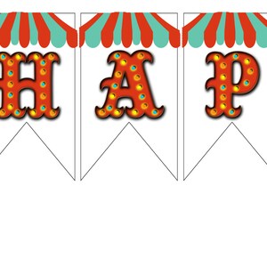 May include: Three white swallowtail pennants featuring a red and teal striped awning design at the top. Each pennant displays a large, orange, marquee-style letter with yellow and blue circular accents. The letters spell out H, A, and P in sequence.