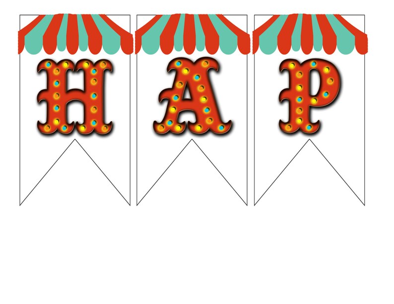 May include: Three white swallowtail pennants featuring a red and teal striped awning design at the top. Each pennant displays a large, orange, marquee-style letter with yellow and blue circular accents. The letters spell out H, A, and P in sequence.