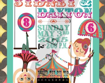 Digital print at home Joint Circus/Carnival Under the Big Top girl acrobat birthday party invitations