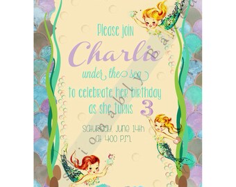 Vintage Mermaid Birthday Party Invitation - Under the Sea Printable Birthday Party Invite - DIY Print