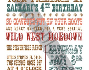 FEATURED on Catch My Party & Kara's Party Ideas  - Digital copy, rustic vintage western wild west cowboy/cowgirl birthday invitations