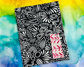 Pink Black and White Doodle Fabric Covered Notebook & Pen (pink 3)