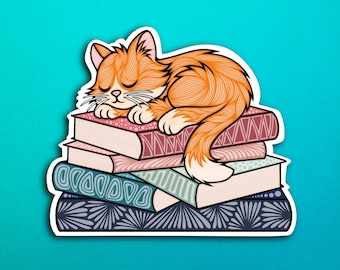 Sleepy Orange Cat Book Sticker (WATERPROOF)