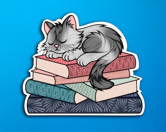 Sleepy Gray and Black Cat Book Sticker (WATERPROOF)