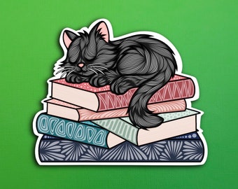 Sleepy Black Cat Book Sticker (WATERPROOF)