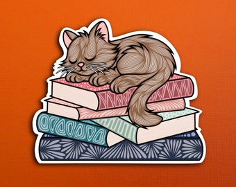 Sleepy Brown Cat Book Sticker (WATERPROOF)