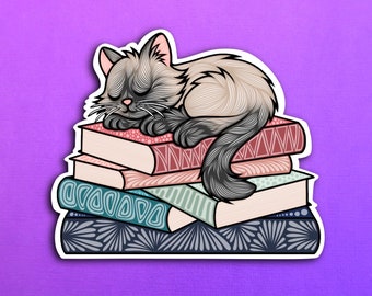 Sleepy Tan and Gray Siamese Cat Book Sticker (WATERPROOF)