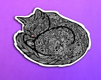 Black Sleeping Cat Sticker (WATERPROOF)