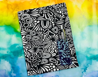 Purple Black and White Doodle Fabric Covered Notebook & Pen (purple 2)