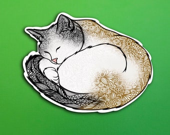 Black White Brown Sleeping Cat Sticker (WATERPROOF)