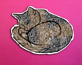 Black and Brown Sleeping Cat Sticker (WATERPROOF)