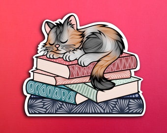 Sleepy Orange Black and White Calico Cat Book Sticker (WATERPROOF)