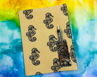 Tan Seahorse Fabric Covered Notebook & Pen (Seahorse 1)