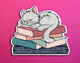 Sleepy White Cat Book Sticker (WATERPROOF)