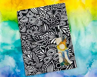 Orange Black and White Doodle Fabric Covered Notebook & Pen (orange 2)