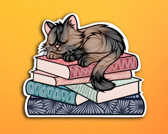 Sleepy Brown and black Cat Book Sticker (WATERPROOF)