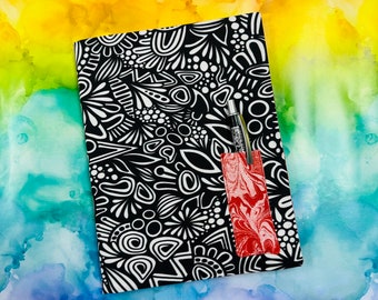 Red Black and White Doodle Fabric Covered Notebook & Pen (red 1)