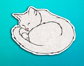 White Sleeping Cat Sticker (WATERPROOF)