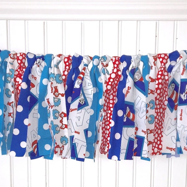 Dr. Suess Ragtie Garland, Cat in the Hat, Thing 1 and Thing 2 Birthday Party, Fabric Banner, Classroom, Photo Prop, Red, Blue, Turquoise