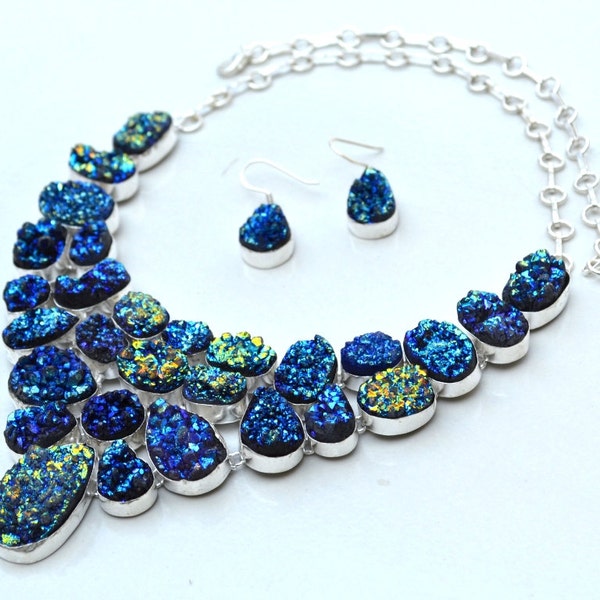 STOCK CLEARANCE SALE Beautiful Premium 925 Sterling Silver Statement Necklace 129 Gram With Fine Quality Titanium Blue Druzy Gemstone
