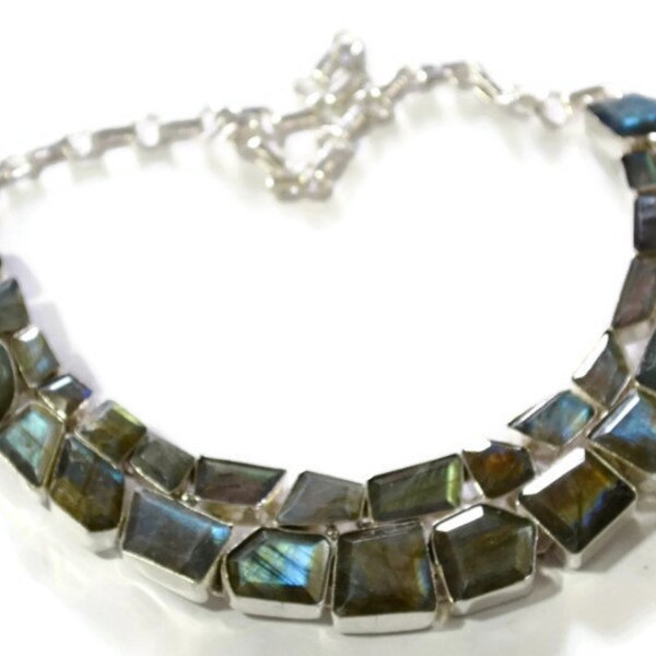 925 Sterling Silver Huge Necklace or Collar With Superb Faceted Flashy Labradorite Fine Quality Gemstones