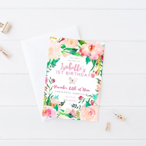 Floral Birthday Invitation, DIGITAL DOWNLOAD, Girl&#39;s 1st First Birthday Garden Party, Printable Watercolor Floral Baby Shower Wildflower