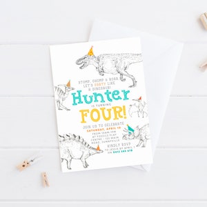 Dinosaur Invitation, PRINTABLE, Party Hat Fun Dino Themed Party Invite, 2nd 3rd 4th Boy's Birthday Digital File, T-rex Triceratops, DN1