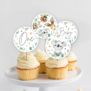 Australian Animal Cupcake Toppers, PRINTABLE Native Koala Baby Shower 1st Birthday Theme, Instant Download Party Round 2&quot; Sticker, NA2 KO1