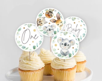 Australijskie ozdoby na babeczki ze zwierzętami, do druku, motyw na pierwsze urodziny Native Koala Baby Shower, natychmiastowa naklejka na imprezę okrągła 2", NA2 KO1