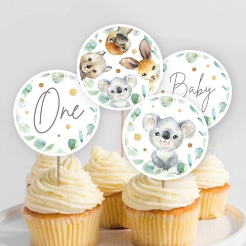 Koala Baby Shower Cupcake Toppers Baptism Birthday Round Tags Etsy