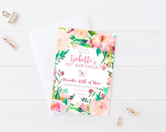 Floral Birthday Invitation, DIGITAL DOWNLOAD, Girl's 1st First Birthday Garden Party, Printable Watercolor Floral Baby Shower Wildflower