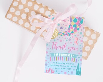 Mermaid Themed Favor Tag, PRINTABLE, Pastel Under The Sea Girl's First 1st Birthday Party, Gold Glitter Pink Digital Loot Bag Thank You, MM2