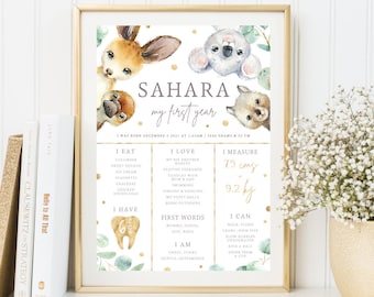 Native Australian Animals Milestone Board, PRINTABLE First 1st Birthday Print Watercolor Koala Kangaroo Wombat Themed Party Decor Chart, NA2