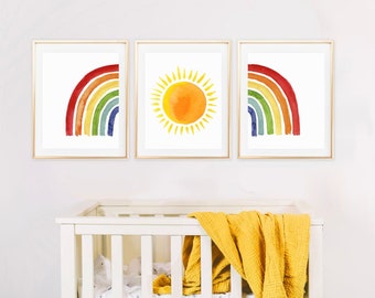 Rainbow And Sun Nursery, PRINTABLE, Gender Neutral Rainbow Baby Art, Set Of 3 Prints, Kid's Bedroom Decor, 16x20 11x14 8x10 Instant Digital