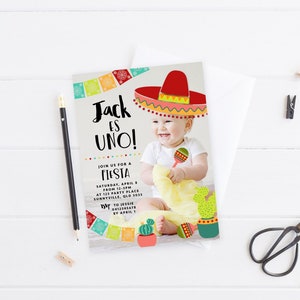 First Fiesta Invitation, DIGITAL DOWNLOAD, Printable Mexican Boy&#39;s 1st Birthday Photo Invite, Cactus Sombrero Party Theme