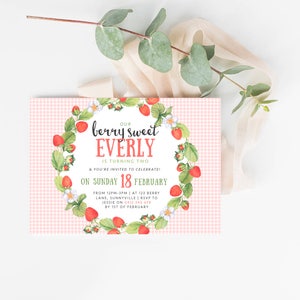 Strawberry Themed Invitation, PRINTABLE, Berry Sweet First 1st Birthday, Red Gingham Digital, Girl Berry Cute Farm Garden Party Theme, BS1