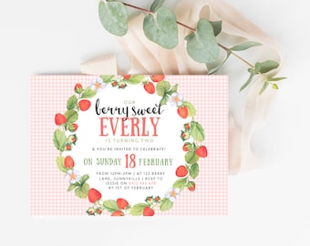 Strawberry Themed Invitation, PRINTABLE, Berry Sweet First 1st Birthday, Red Gingham Digital, Girl Berry Cute Farm Garden Party Theme, BS1