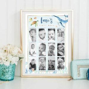 My First Year Photo Board PRINTABLE Under The Sea Themed 1st Birthday Boy's Party Decor Keepsake, Aquarium Whale Party Digital Download, OA1