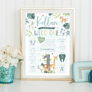 Wild One Milestone Board, PRINTABLE, Digital 1st First Birthday Print, Birthday Chalkboard Design, Jungle Animals Safari Zoo Theme Decor BS2