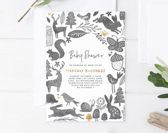 Woodland Baby Shower Invitation, PRINTABLE, Monochrome Gold Gender Neutral Unisex Baby Shower Invite, Watercolor Forest Animals Digital File