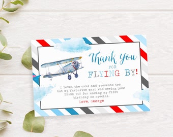 Time Flies 4x6" Thank You Card, PRINTABLE Vintage Plane 1st Birthday Party Theme, Thank You For Flying By Favourite Part Was Seeing You, VP1
