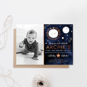 Space Themed Invitation, PRINTABLE, First Trip Around The Sun Theme, Boy&#39;s 1st Birthday Sun Moon Star Space Photo Invite, Navy Copper, ATS1