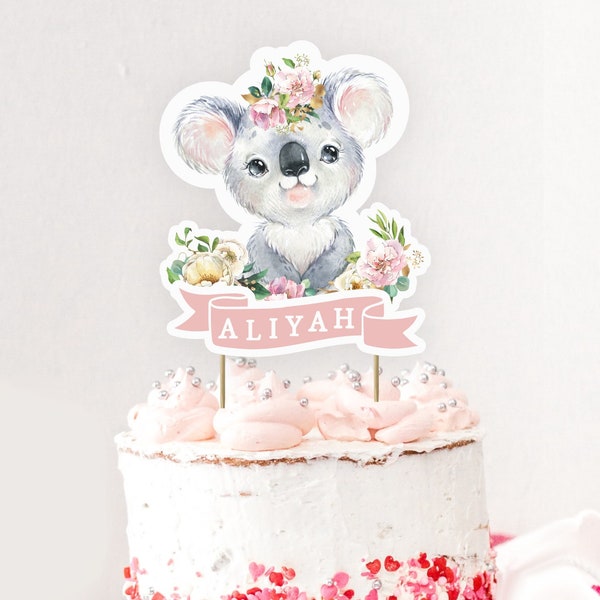 Floral Koala Cake Topper, DIGITAL DOWNLOAD, Printable Girl's Native Australian Animal Theme Party Decor, Any Age Birthday PDF File, FK1